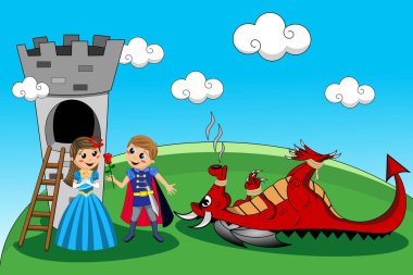 Çocuk knight kırmızı ejderha yendi ve kırmızı gül sunan Prenses kaydeder