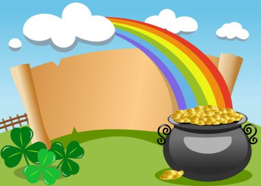 Parşömen Saint Patricks St Patricks veya Saint Patrick s günü davetiye kartı için gökkuşağının sonunda altın efsanevi pot ile