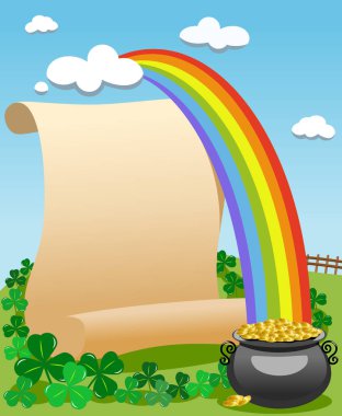 Parşömen Saint Patricks St Patricks veya Saint Patrick s günü davetiye kartı için gökkuşağının sonunda altın efsanevi pot ile