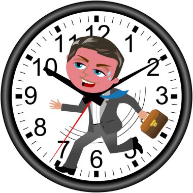 Beyaz izole bir duvar saati zamanında karşı çalıştıran karşı karşıya kırmızı işadamı