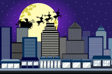 Noel Baba'nın siluet onun Noel kızak veya üç şehir metropol gökdelenler üzerinde uçan ren geyiği tarafından çekti atlı kızak