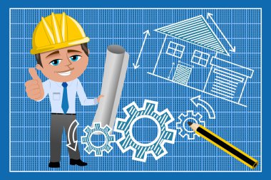 Kask ve blueprint blueprint üzerinde teknik çizim karşı tutarak yukarı başparmak ile gülümseyen mimar