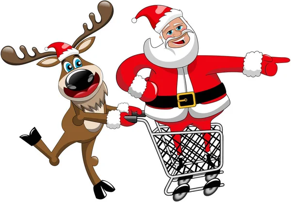Renas Correndo Empurrando Carrinho Com Dentro Papai Noel Indicando Isolado — Vetor de Stock