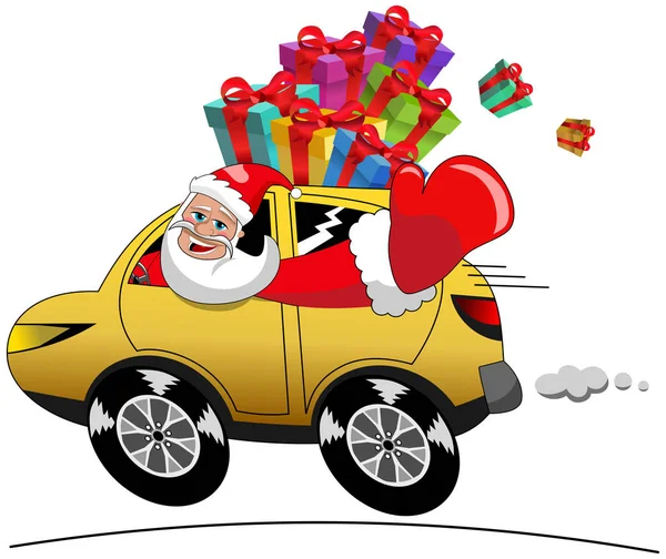 Glücklich Weihnachtsmann Eile Auto Voller Weihnachtsgeschenk Fahren Isoliert — Stockvektor