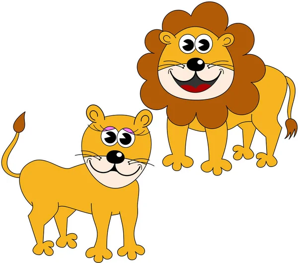 Cartoon Male Female Lions Isolated — Stock Vector