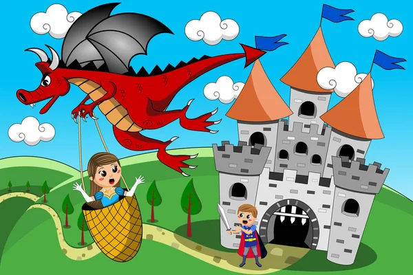 Red Dragon küçük şirin Prenses küçük şövalye uçup kaçırma onu durdurmaya