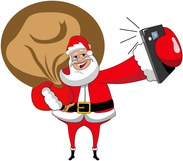 Kreskówka Santa Claus Duży Worek Przy Selfie Smartphone Białym Tle — Wektor stockowy