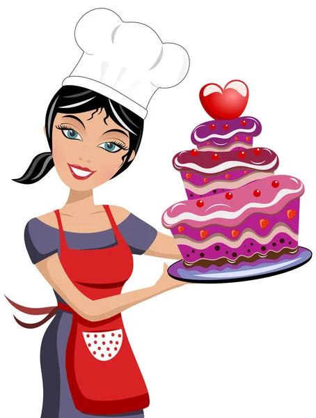 Femme Souriante Chef Tenant Gâteau Chocolat Multicouche Décoré Fraises Isolées — Image vectorielle