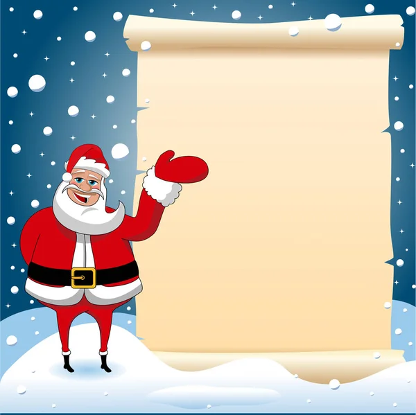 Weihnachtsmann Karikatur Mit Blankem Pergament Vor Schneebedecktem Hintergrund — Stockvektor