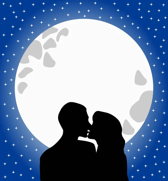 Silhouette Two Lovers Kissing Full Moon Starry Romantic Sky — Stock Vector