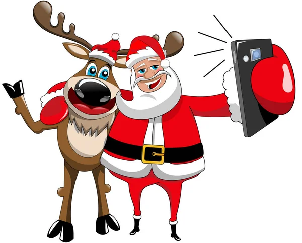 Renar Och Santa Claus Kramar Och Selfie Isolerade — Stock vektor