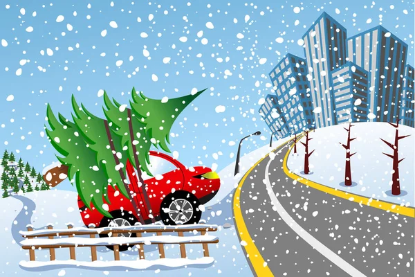 Kırmızı araba sür xmas ağacı ormanından alınan ile