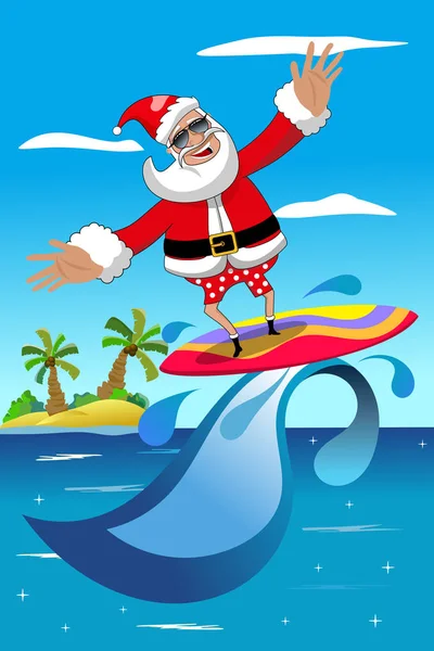 Santa Claus Surfing Tropikalne Morze Desek Surfingowych — Wektor stockowy