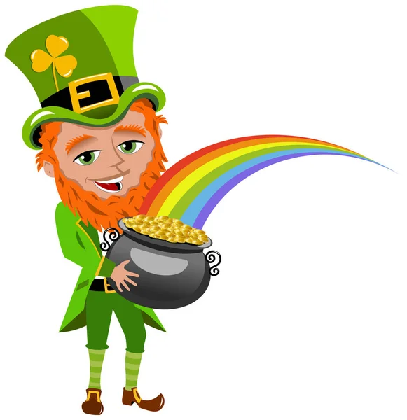 Saint Patricks Day Leprechaun Holding Pot Gold — Stock Vector