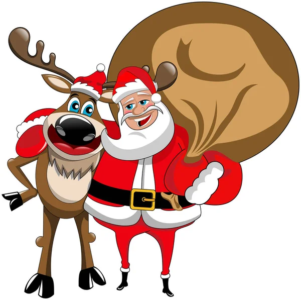 Grappige Cartoon Rendieren Santa Claus Knuffelen Geïsoleerd Eps Bestand Beschikbaar — Stockvector