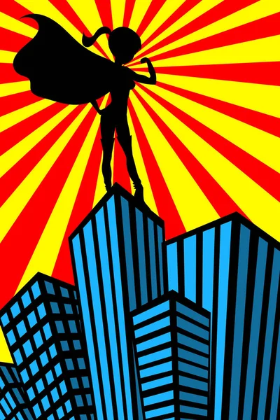 Şehrin üzerinde izlerken gökdelen üstüne kasları gösterilen ayakta süper kahraman seksi güzel kadın silüeti