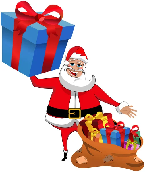 Santa Claus Cartoon Holding Big Wrapped Gift Showing Sack Full — Stock Vector
