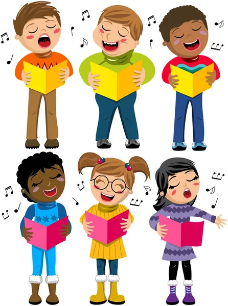 Felice Multiculturale Bambini Bambini Piedi Cantare Coro Tenendo Libro Coro — Vettoriale Stock