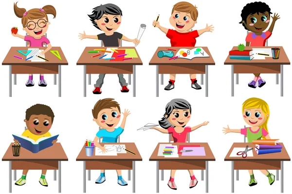 Happy Kids Children Sitting Desk School Playing Drawing Isolated — Stock Vector