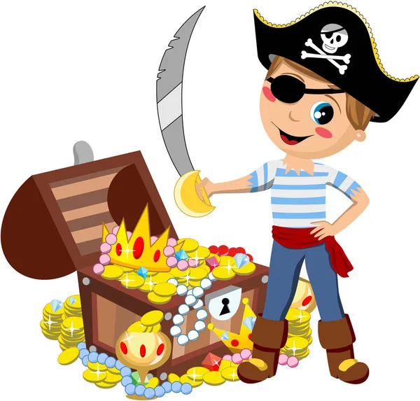 Cartoon Pirate Kid Eye Patch Sword Front Treasure Chest Isolated — Stock Vector