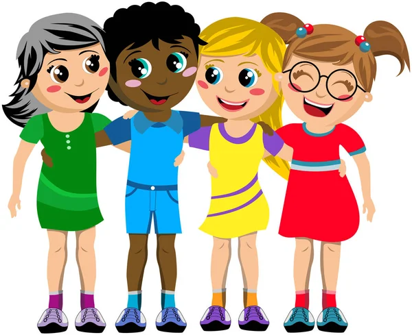 Groupe Enfants Heureux Multiculturels Enfants Debout Étreignant Isolés — Image vectorielle