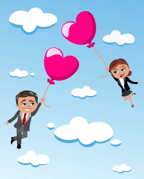Couple Volant Dans Ciel Avec Des Ballons Forme Coeur — Image vectorielle