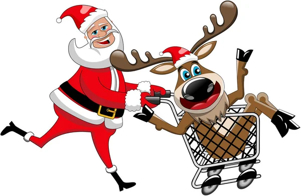 Happy Santa Claus Uitgevoerd Duwen Kar Met Rendieren Geïsoleerde — Stockvector