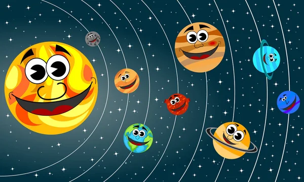 Happy Cartoon Planets Solar System Orbit Sun Space — Stock Vector
