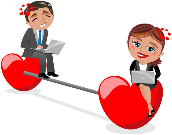 Couple chatting and flirting at computer via internet isolated on white