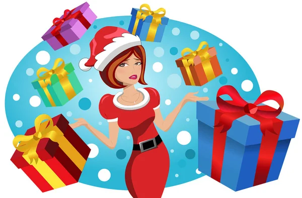 Schöne Frau Mit Weihnachtsmütze Hat Mühe Und Stress Für Weihnachtsgeschenke — Stockvektor