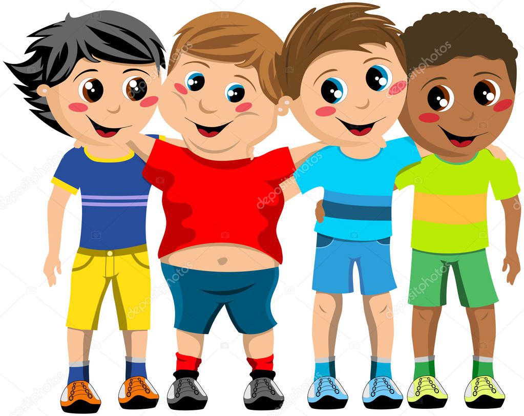 Group of happy multicultural kids or children standing and hugging isolated