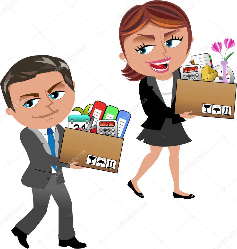 Fired Cartoon businesswoman and businessman carrying a box of personal items isolated on white