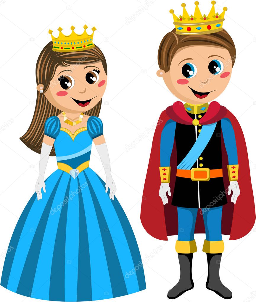 Caucasian children princess and prince standing isolated