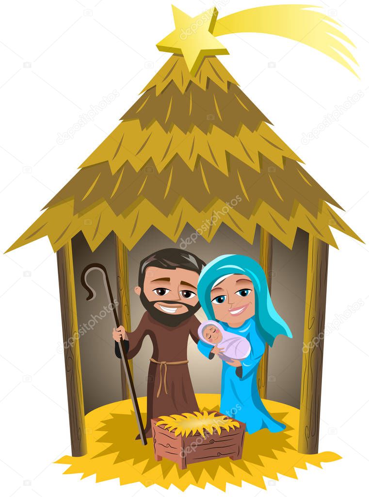 Christmas nativity scene with Joseph and Mary holding newborn Jesus sleeping in a hut isolated