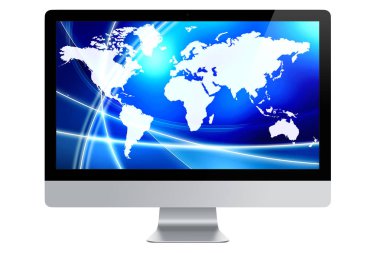Dünya harita izole teknolojik mavi arka plan üzerinde görüntüleyen bilgisayar ekranı