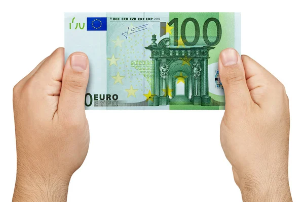 Ansicht Von Oben Männerhände Mit 100 Euro Schein Isoliert — Stockfoto