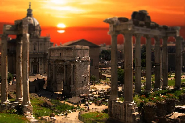 Tilt Shift Miniatuur Zonsondergang Zonsopgang Ruïnes Van Het Romeinse Forum — Stockfoto