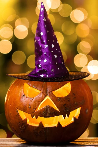 Espeluznante Brillante Calabaza Halloween Con Sombrero Bruja — Foto de Stock