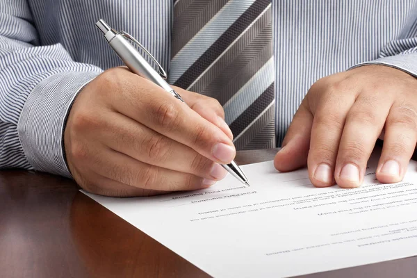 Closeup Businessman Salesman Hand Signing Contract Silver Ballpoint — Stock Photo, Image