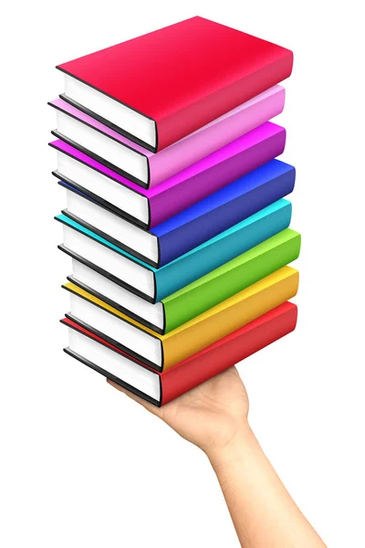 Mano Sosteniendo Pila Coloridos Libros Tapa Dura Aislados — Foto de Stock