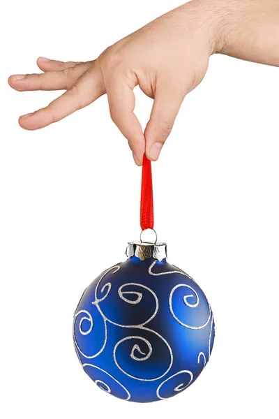Hand Holding Christmas Blue Ball Ornaments Isolated — Stock Photo, Image