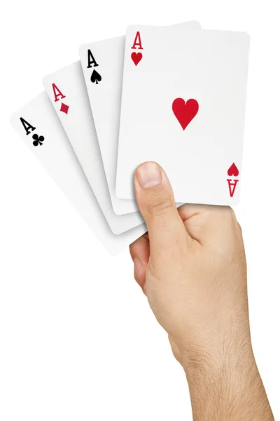 Mão Segurando Quatro Ases Semi Sobrepostos Ganhando Poker Mão Isolado — Fotografia de Stock