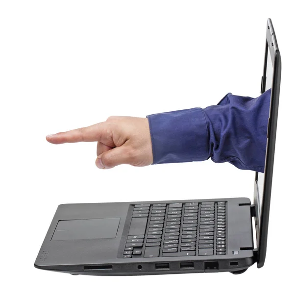 Affärsman Som Pekar Finger Kommer Från Laptop Display Isolerade — Stockfoto