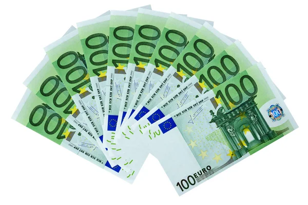 白色背景上孤立的 100 欧元纸币的正面视图粉丝 — 图库照片