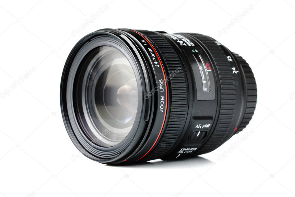 Photographic zoom lens on white background