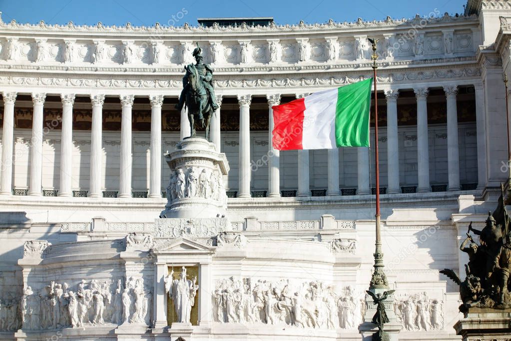 Italian Flag waving Altar of the Fatherland or Altare della Patria in Rome Italy