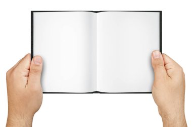 Boş sayfaları izole açık kitap tutan eller üstten görünüm