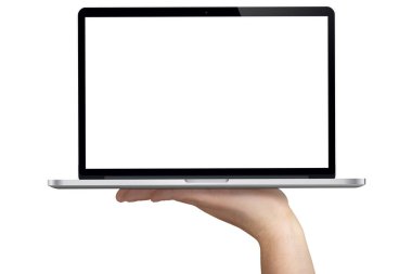 izole boş beyaz monitör ön görünümü ile defter tutan el