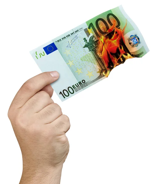 Hand Hält 100 Euro Schein Flammen — Stockfoto