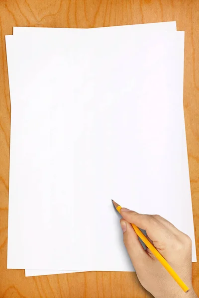 Vista Superior Escritura Mano Dibujo Con Lápiz Hojas Papel Blanco — Foto de Stock